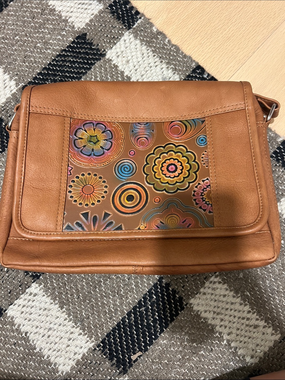 Tobacco Brown Leather Crossbody Bag with Colorful Floral Panel
